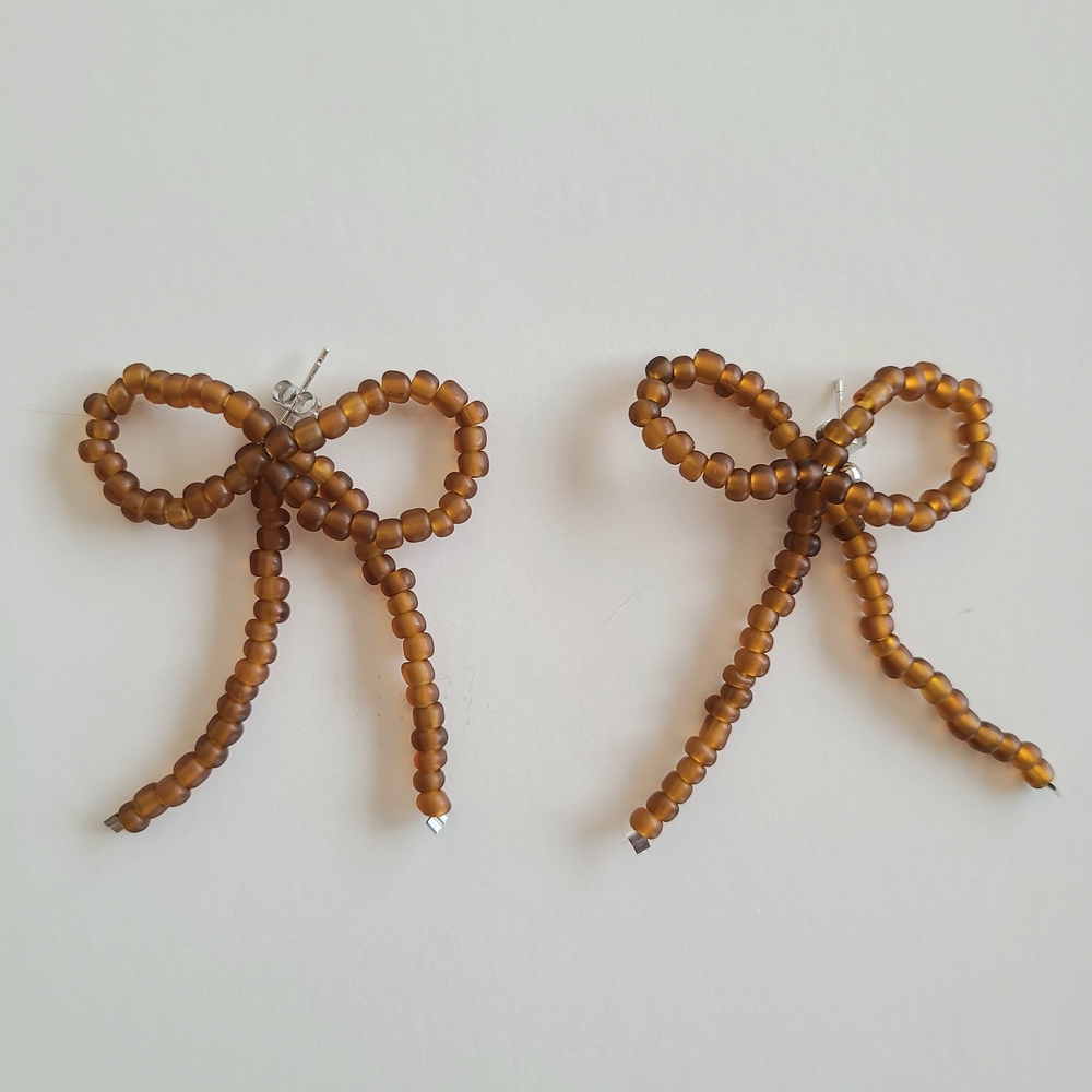 Brown Beaded Bow Earrings - Picture 5 of 5